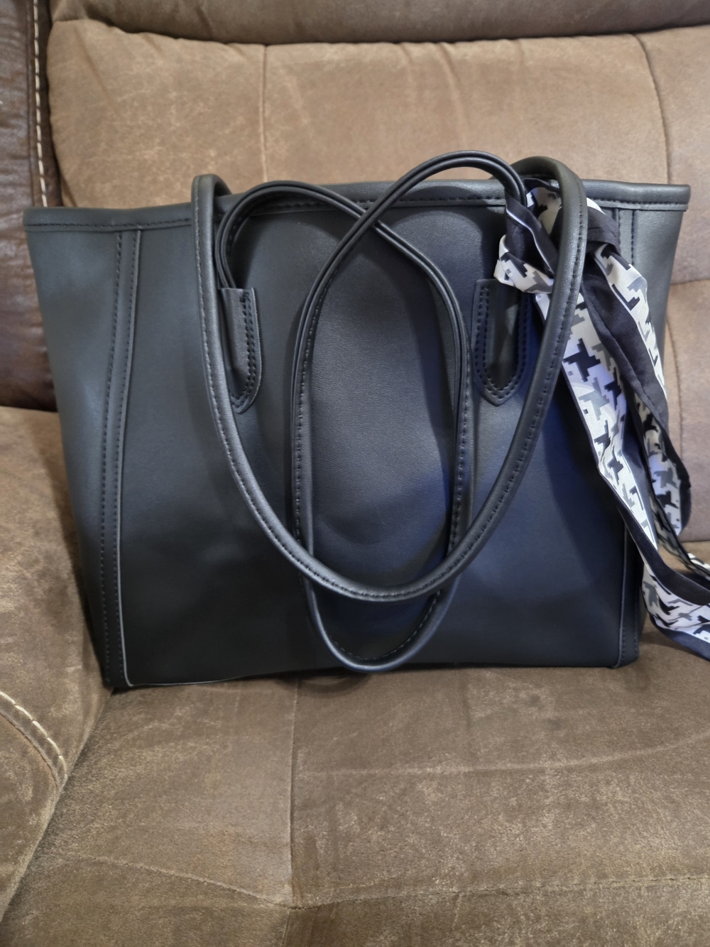 Classic Black Women's Tote Bag with Scarf Accent